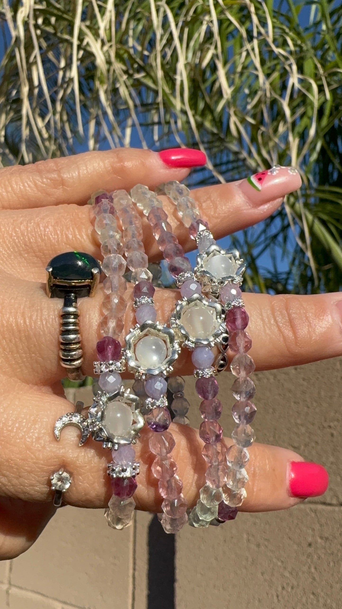 Fluorite, White Moonstone, and Lavender Moon Quartz Bracelet