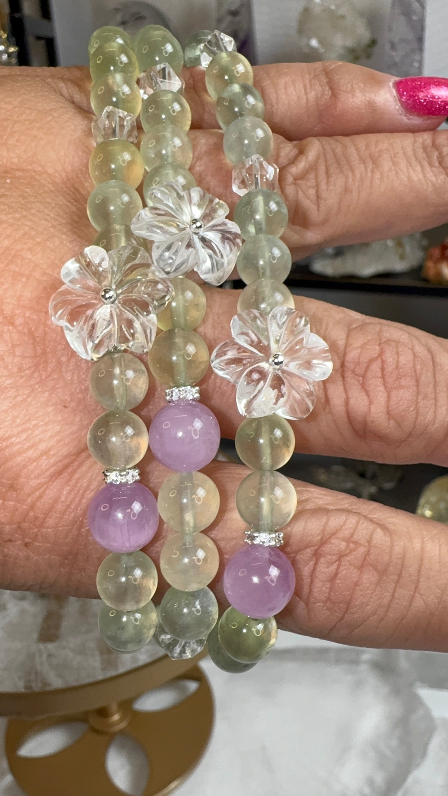 Prehnite, Kunzite, & Clear Quartz Bracelet