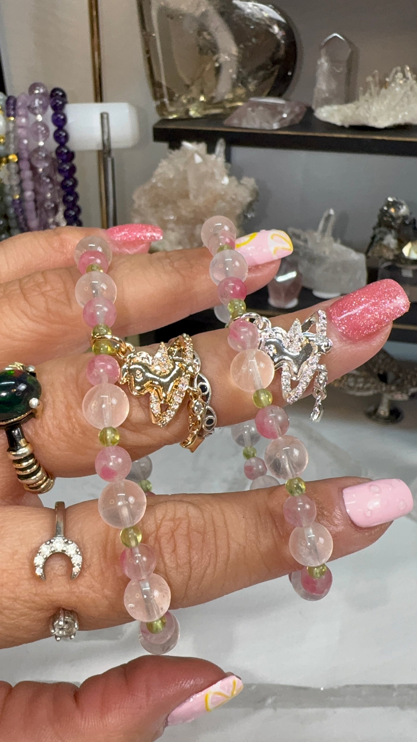 Rhodonite, Rose Quartz, & Peridot bracelet