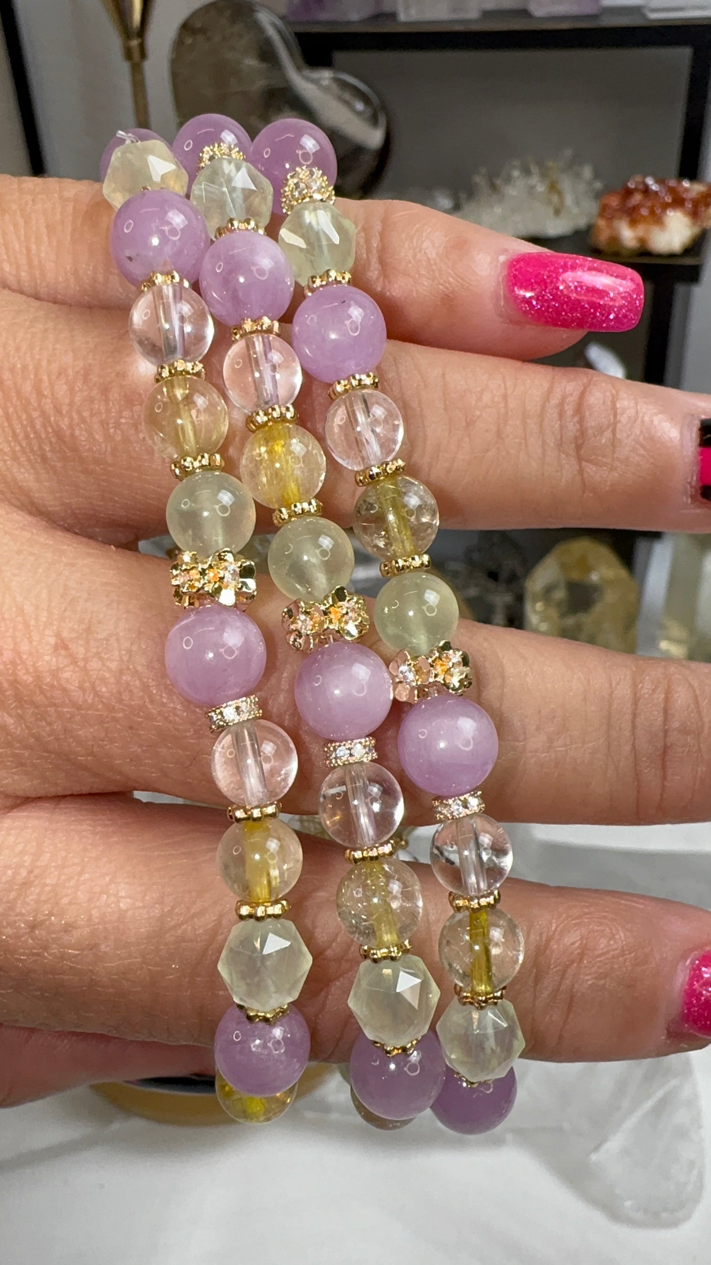 Kunzite, Golden Rutile, Prehnite, and Clear Quartz Bracelet
