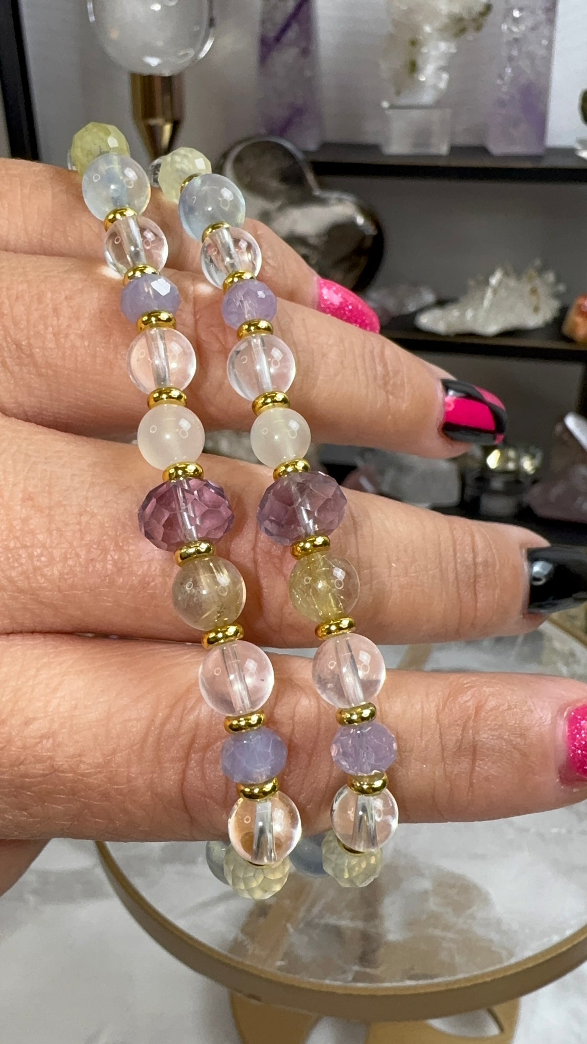 Multiple Gem Bracelet w/ Prehnite, Moonstone, Golden Rutile, Aquamarine, and more.