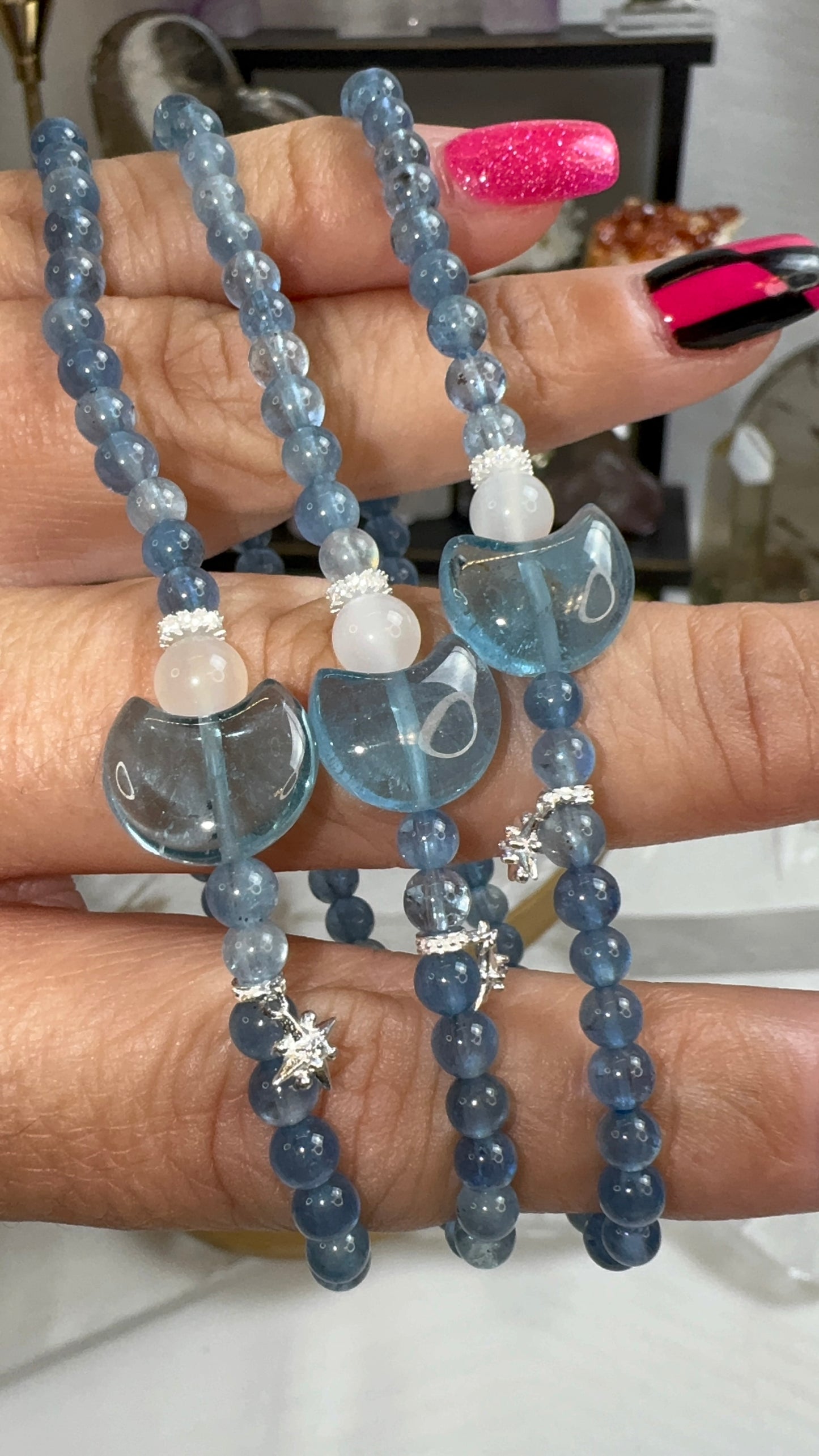 Aquamarine, Moonstone, and Topaz Moon w/ silver charms - Preorder