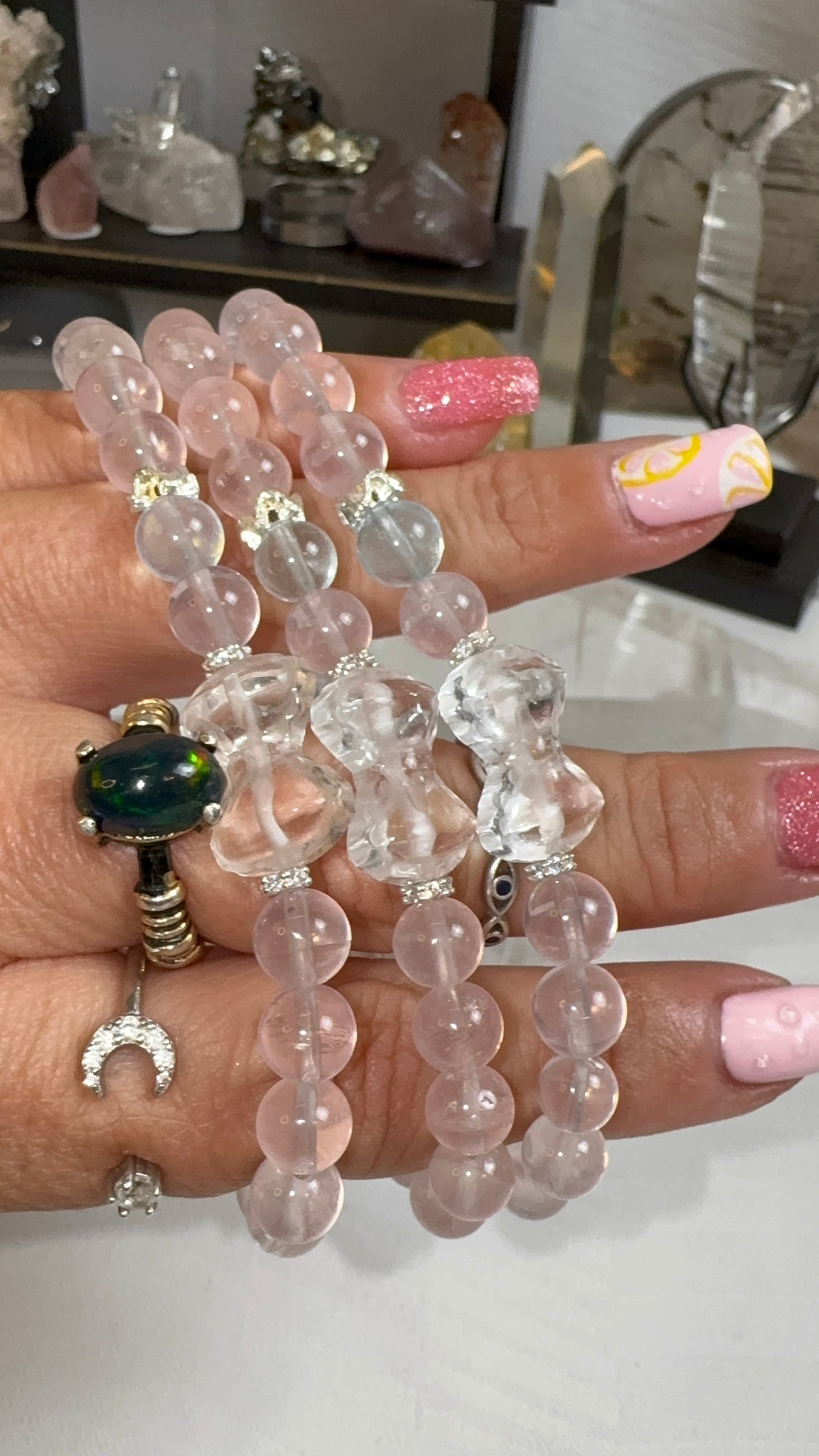 Rose Quartz, Morganite, and Clear Quartz Bow Bracelet