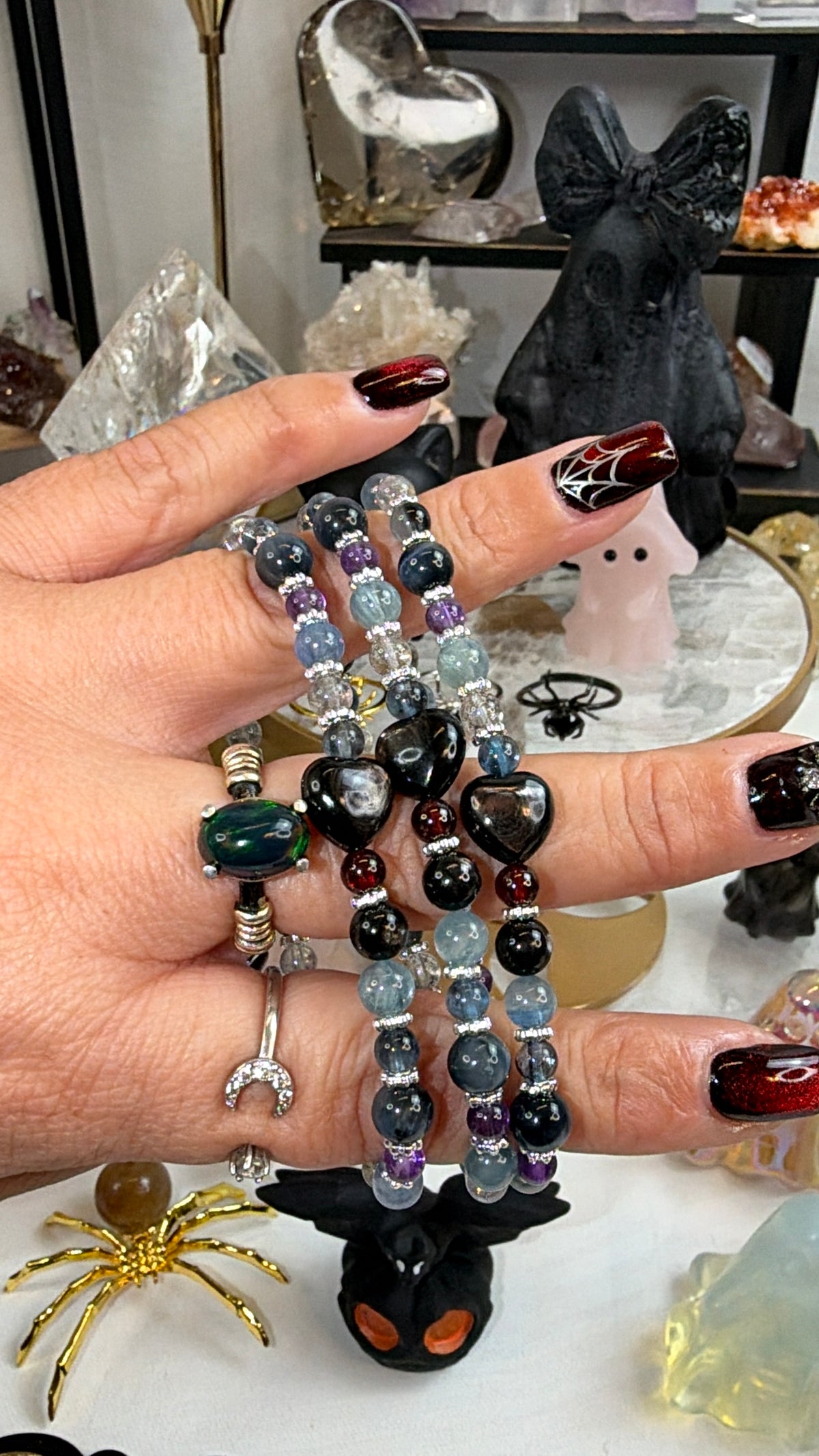 Silver Obsidian Heart, Amethyst, Labradorite, Aquamarine, Kyanite, and Garnet Bracelet