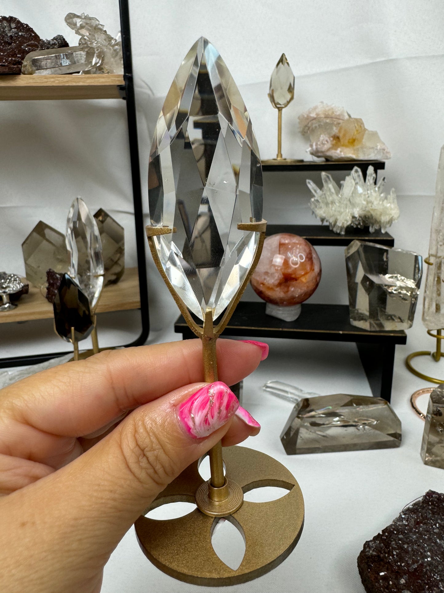 Clear Quartz Marquise Faceted Crystal on stand