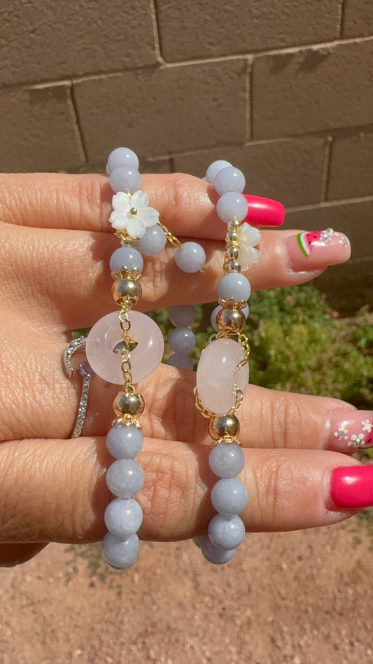 Angelite & Rose Quartz Bracelet w/ shell flower charm