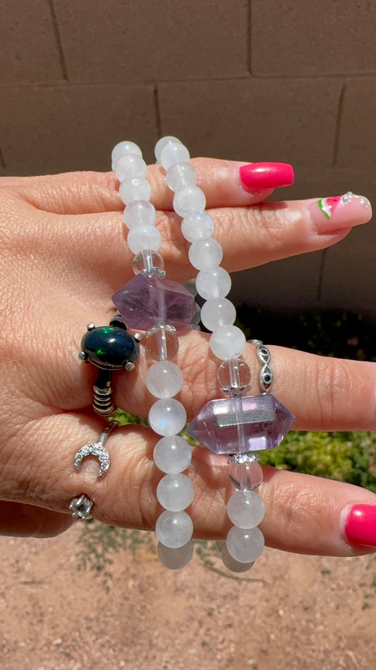 Amethyst DT, Clear Quartz, Aquamarine, and Pink Morganite Bracelet