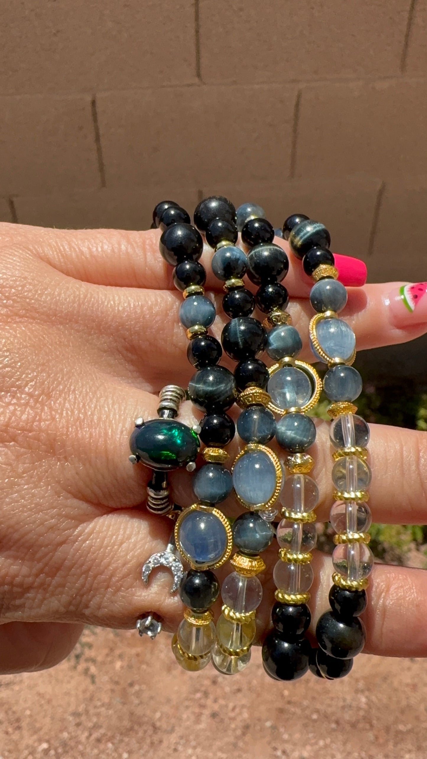Obsidian, Blue Kyanite, Clear Quartz, and Blue Tiger Eye Bracelet