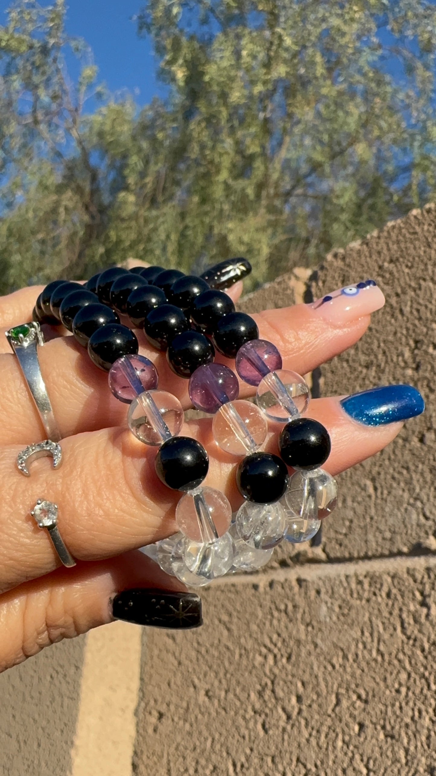 Black Tourmaline, Clear Quartz, and Amethyst Bracelet