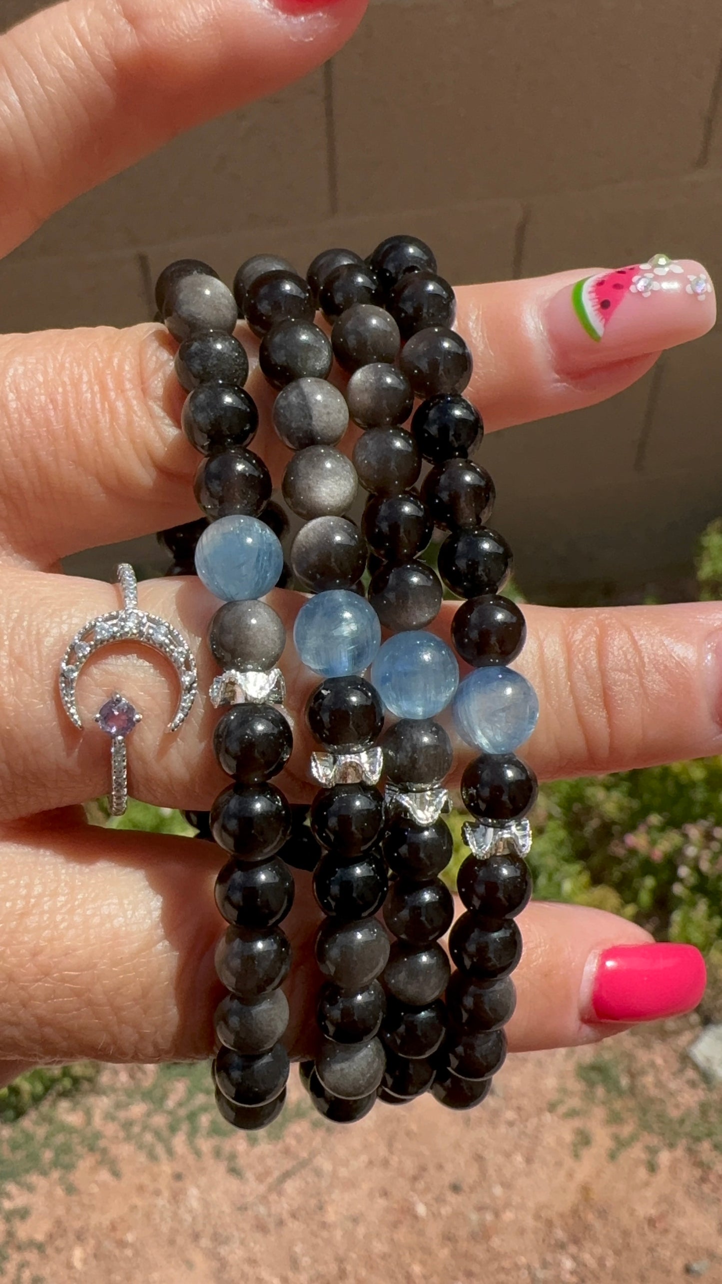 Silver Obsidian & Blue Kyanite Bracelet