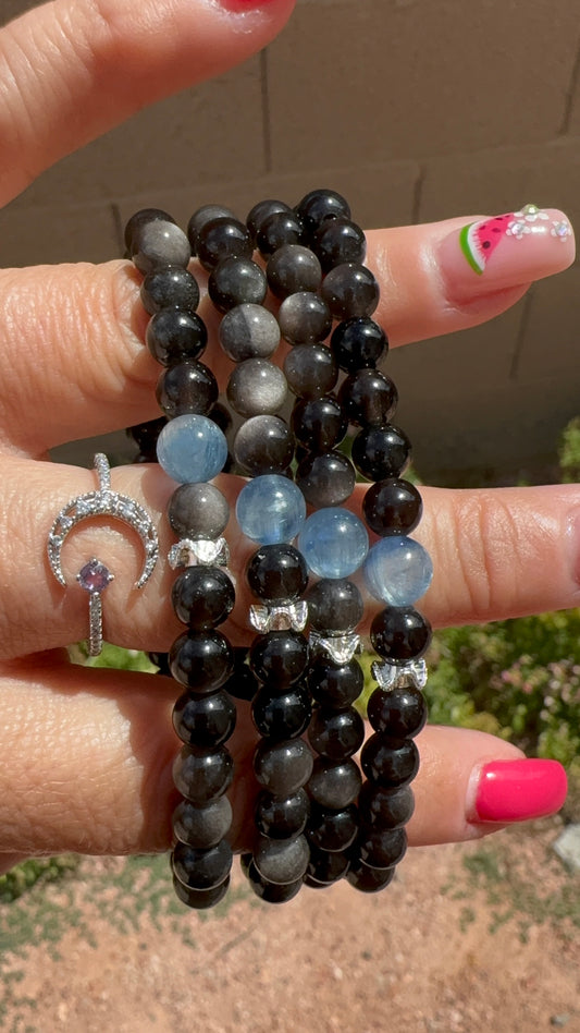 Silver Obsidian & Blue Kyanite Bracelet