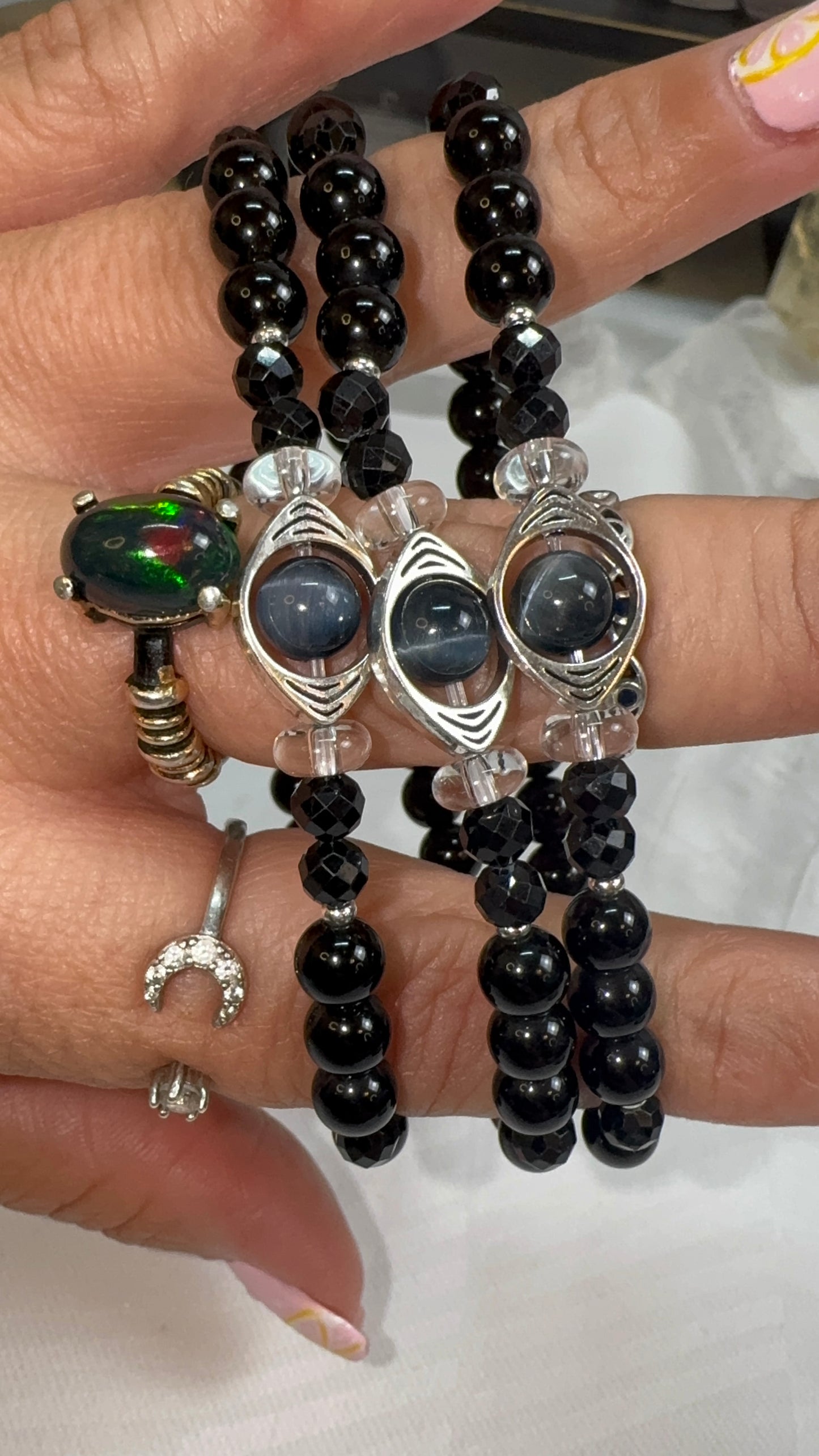 Blue Tiger Eye, Obsidian, & Clear Quartz Bracelet