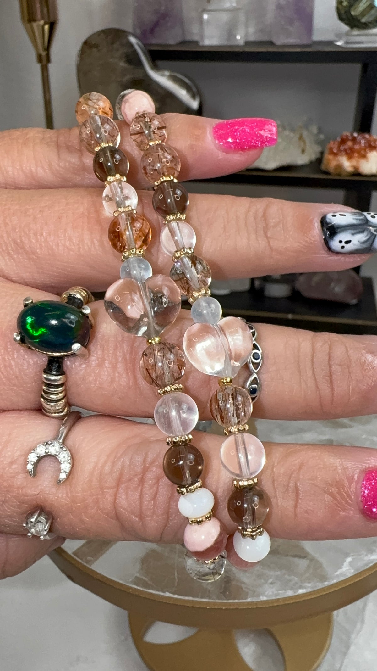 Multiple Gem Bracelet with clear quartz heart, rhodochrosite, aquamarine, and smoky quartz