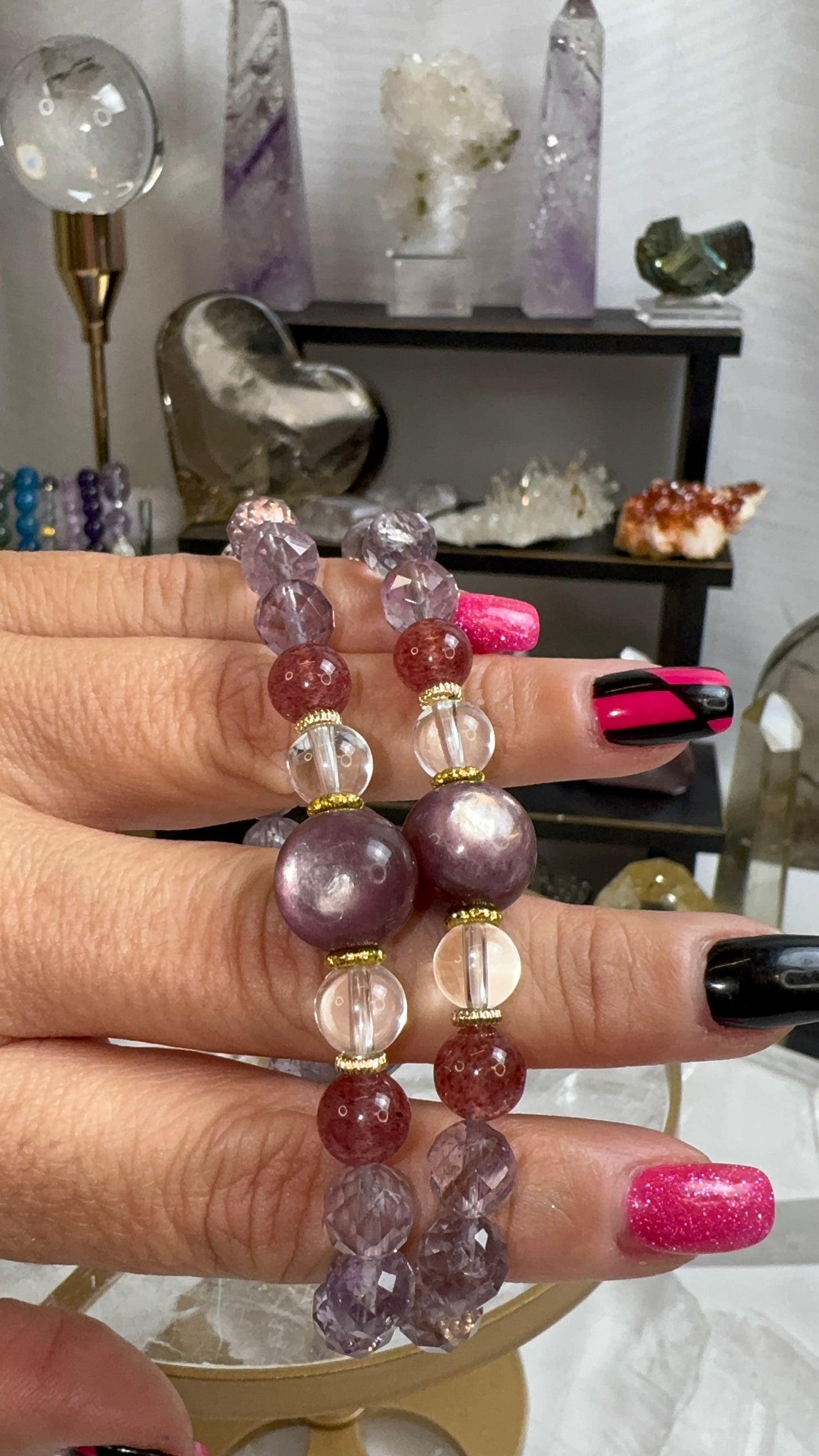 Lepidolite, Amethyst, Strawberry Quartz, and Clear Quartz w/ gold charms