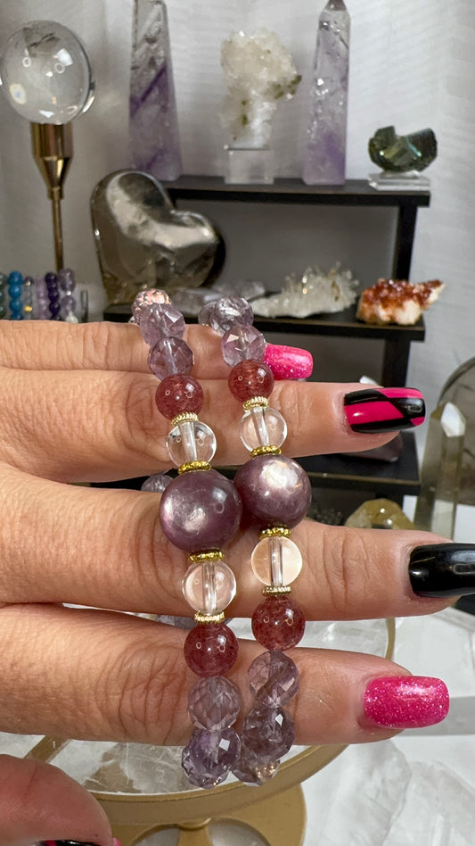 Lepidolite, Amethyst, Strawberry Quartz, and Clear Quartz w/ gold charms