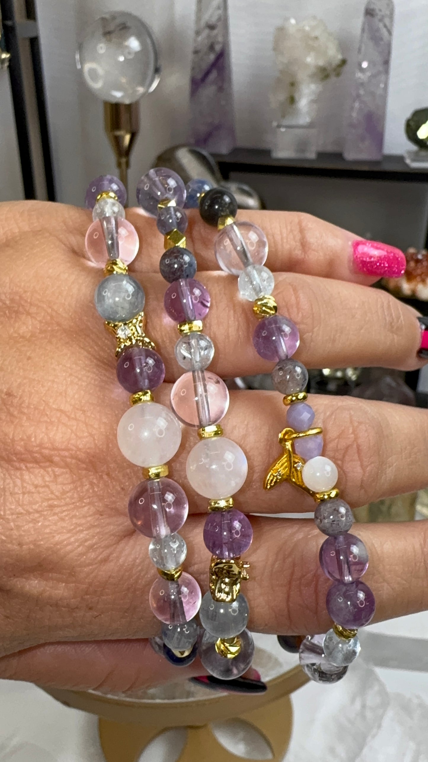 Amethyst, Blue Moonstone, Kyanite, Iolite, and Topaz Bracelet w/ gold mermaid fin charm