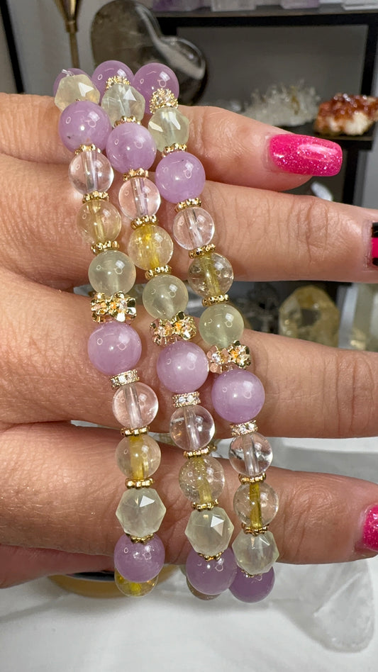 Kunzite, Golden Rutile, Prehnite, and Clear Quartz Bracelet