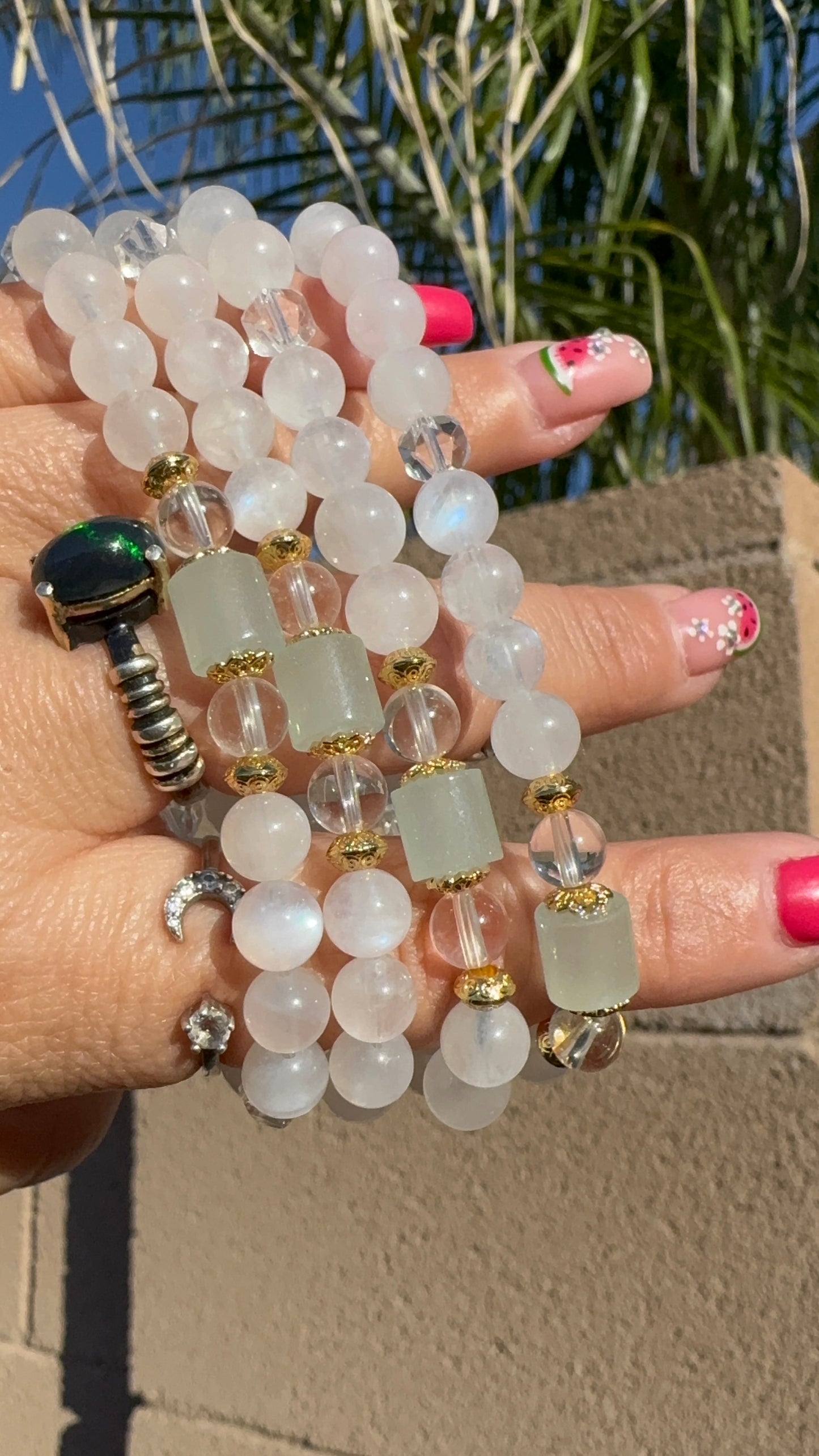 Jade, Moonstone, and Clear Quartz Bracelet