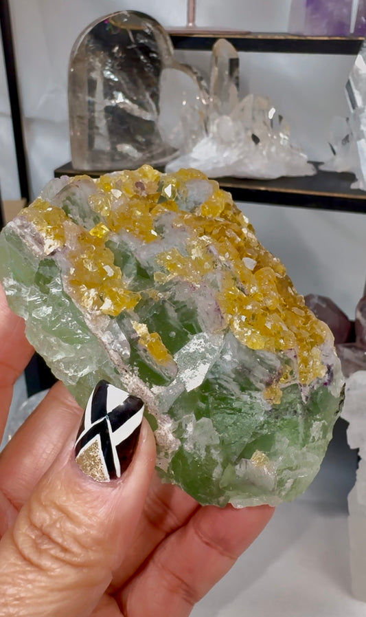 Green Fluorite with Yellow Barite Crystal