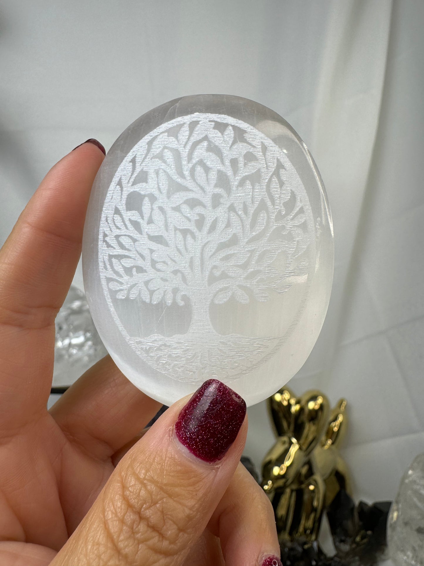 Selenite Palm Crystal with Tree of Life etching