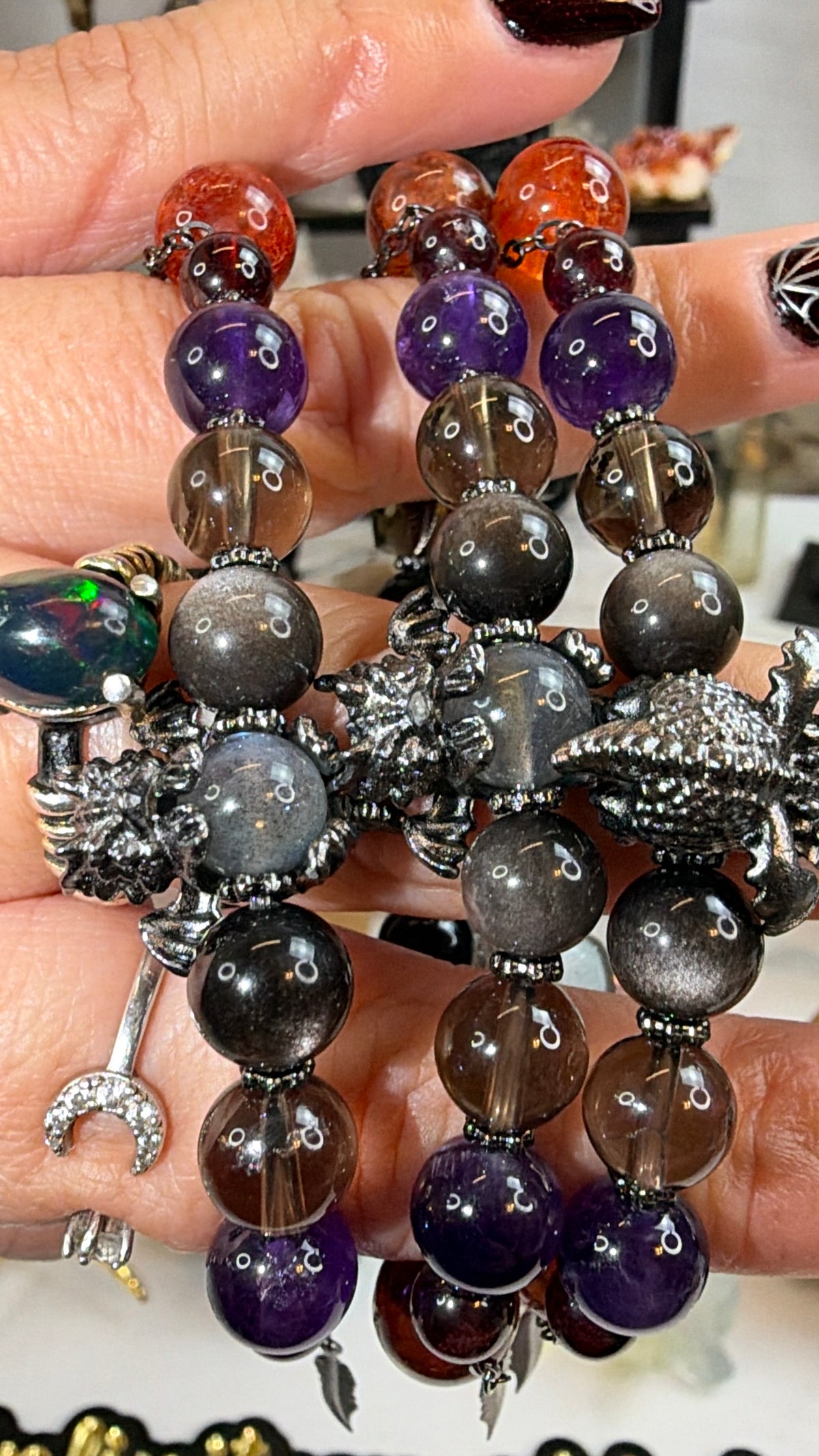 Dragon Bracelet with Fire Quartz, Amethyst, Labradorite, Silver Obsidian, Smoky Quartz, and Garnet