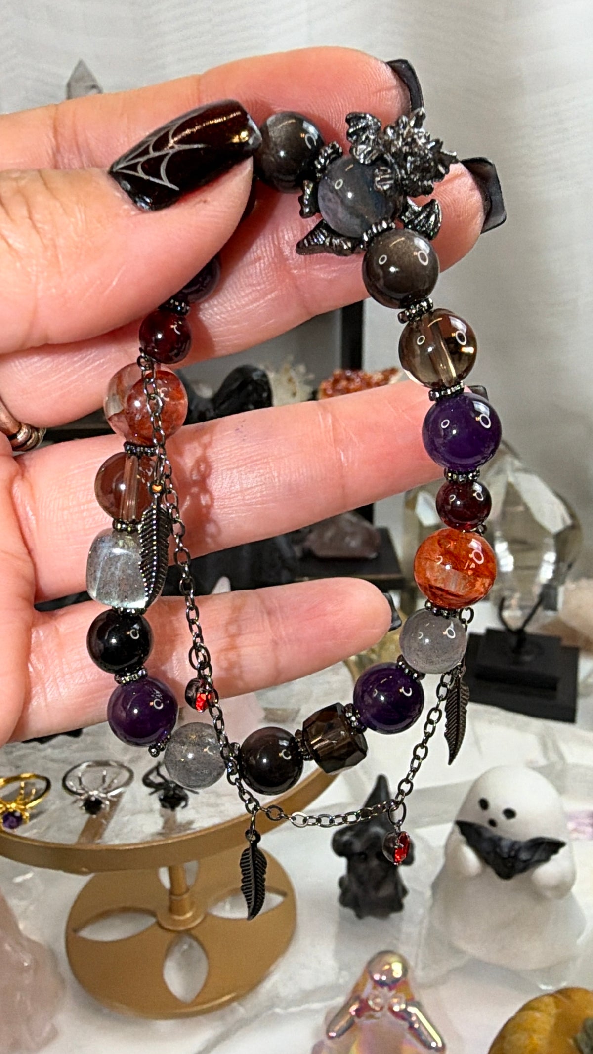 Dragon Bracelet with Fire Quartz, Amethyst, Labradorite, Silver Obsidian, Smoky Quartz, and Garnet