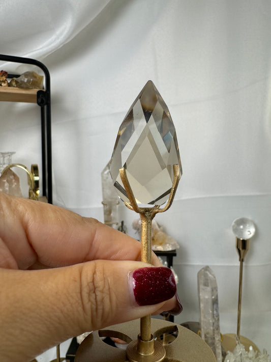 Smoky Quartz Faceted Flame Crystal on stand