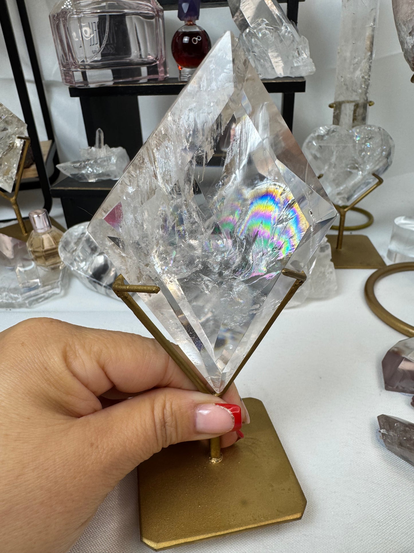 Diamond Clear Quartz Crystal on gold stand