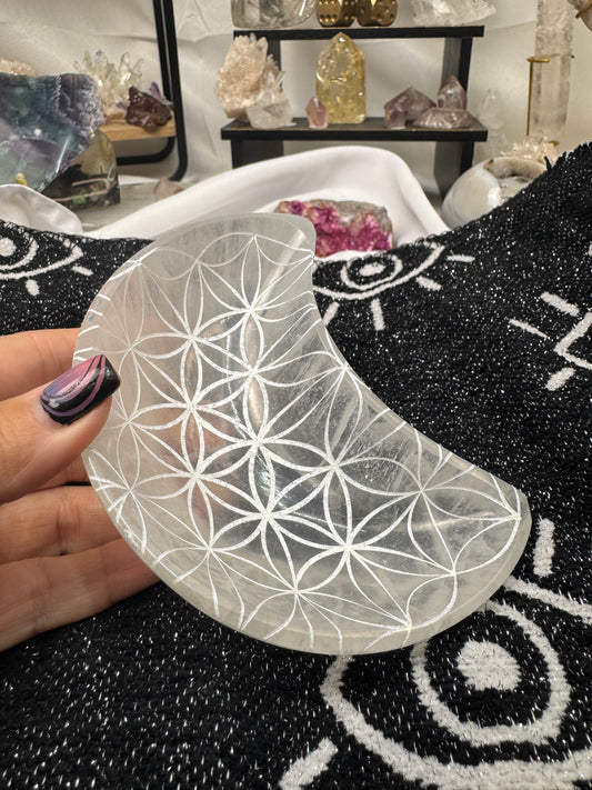 Selenite Moon Shaped Bowl Crystal with flower of life design