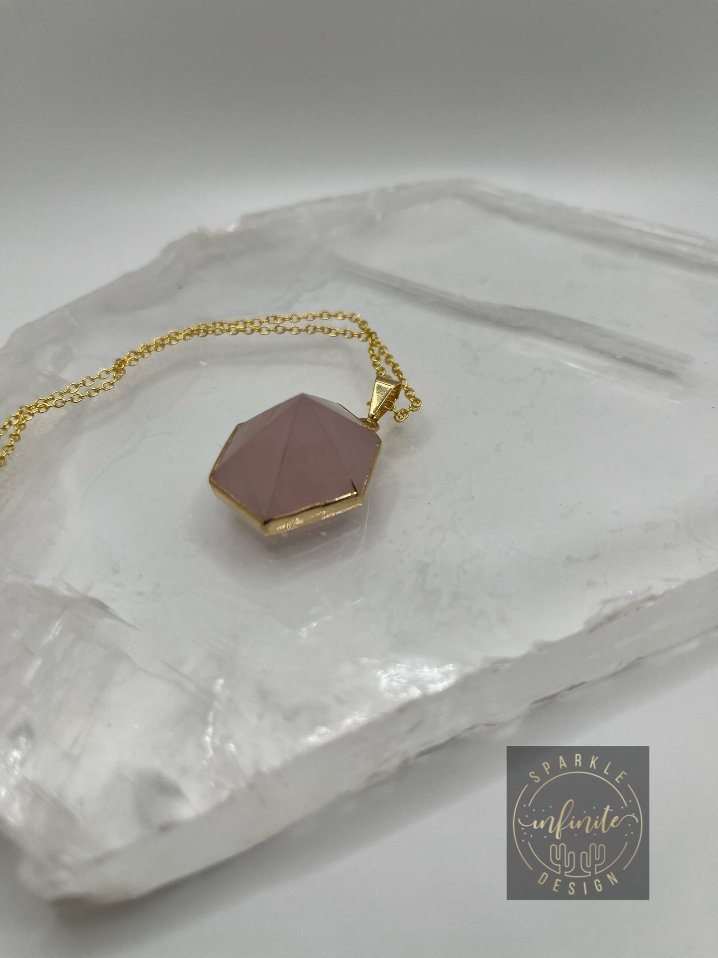 Amethyst or Rose Quartz Faceted Pyramid Shaped Pendant Necklace