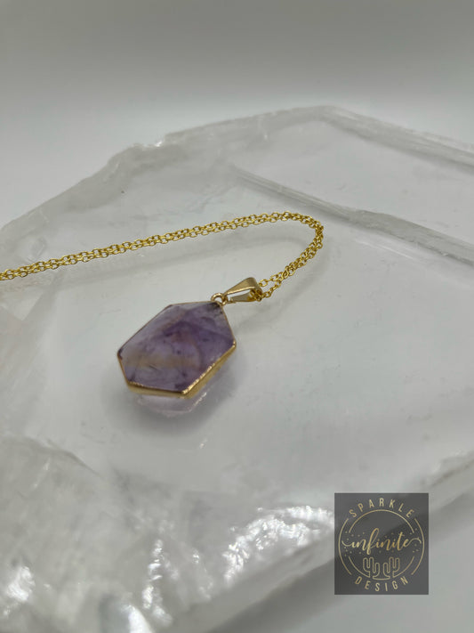 Amethyst or Rose Quartz Faceted Pyramid Shaped Pendant Necklace